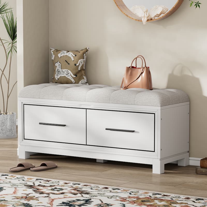 Shoe Bench with Removable Cushion & Hidden Storage - White