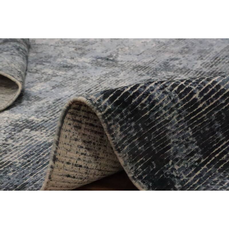 Hand Knotted Oriental Viscose Silk Carpet Modern All-Over Greys & Charcoal Abstract Area Rug - 7' 8'' X 5' 6''
