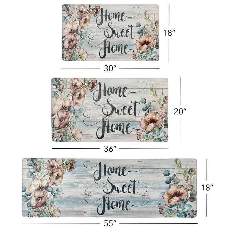 SoHome Cozy Living Home Sweet Home Floral Anti-Fatigue Kitchen Mat, Grey/Blue