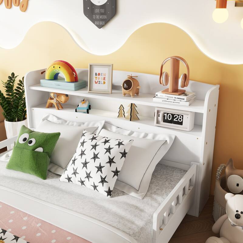 Full Pine Wood Bed with Bookcase Headboard, LED Motion Sensor Light & Bed Guardrails in White