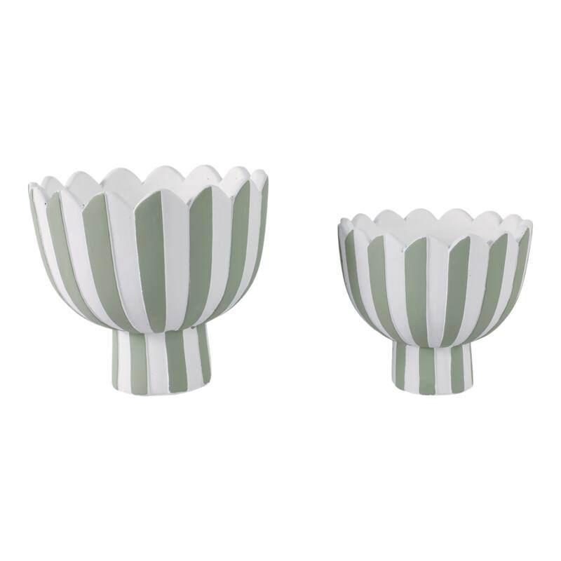 Pottery Planter Scalloped Rim Striped Design (Set of 2) - 8", 6" White - 8.75" x 8.75" x 8"