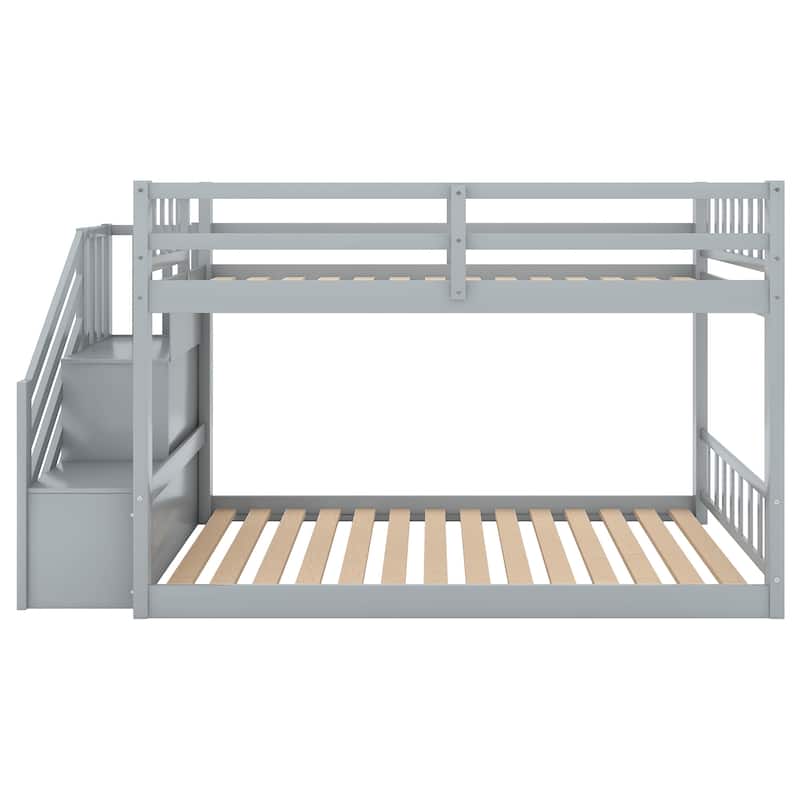Stairway Twin over Twin Bunk Bed, Solid Pinewood Twin Size Floor Bunk Bed Frame with Storage Staircase and Guardrail