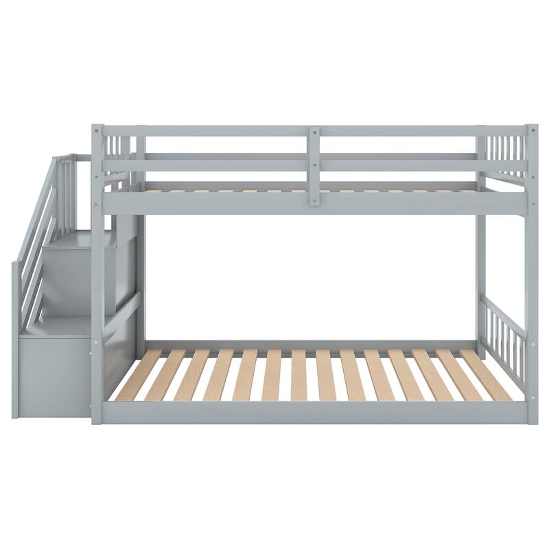 Twin over Twin Floor Bunk Bed with Storage Ladder, Gray