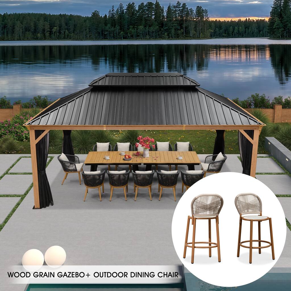 PURPLE LEAF Hardtop Gazebo Galvanized Steel Roof Gazebo Pergola with 2 Pcs Outdoor Counter Stools
