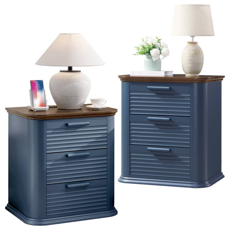 22" Wide Fluted Nightstand with Charging Station, Modern End Table, Wood 3 Drawer Dresser, Large Bedside Tables