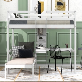 Convertible Wood Loft Bed with L-Shape Desk, Twin Bunk Bed Frame with Slats Support, Shelves and Ladder, No Box Spring Needed