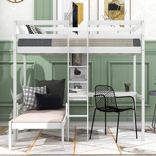 Modern Design Convertible Loft Bed with L-Shape Desk, Twin Bunk Bed, Shelves & Ladder
