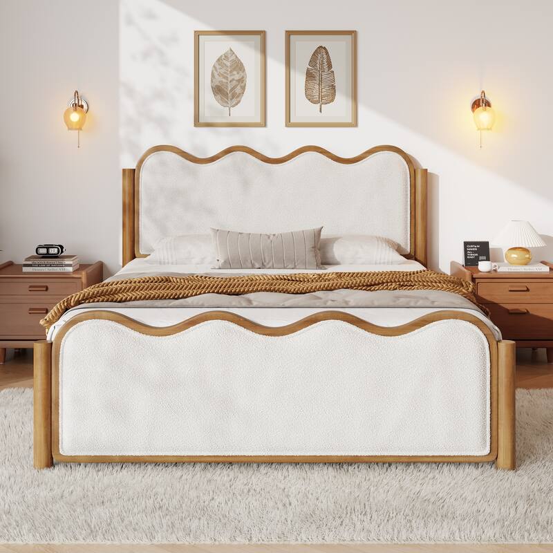 Christopher Knight Home - Modern Upholstered Boucle Bed Frame with Wooden Legs with Wavy Curved Headboard