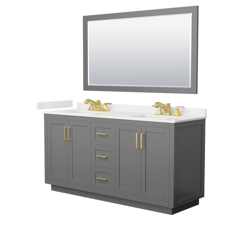 Miranda 66-inch Double Vanity, Quartz Top, 58-inch Mirror - Dark Gray, Gold Trim, White Quartz Top