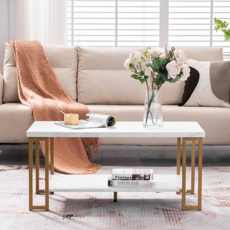 White and Gold Rounded Coffee Table with Faux Marble Top and Metal Legs Perfect for Living Room - 39.73 x 20.08 x 18.11