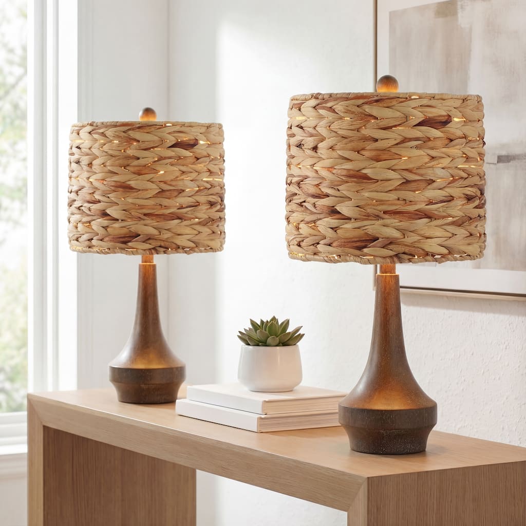 Leona 21" Rustic Farmhouse Handwoven Rattan/Resin LED Table Lamp, Brown Wood Finish (Set of 2) by JONATHAN Y