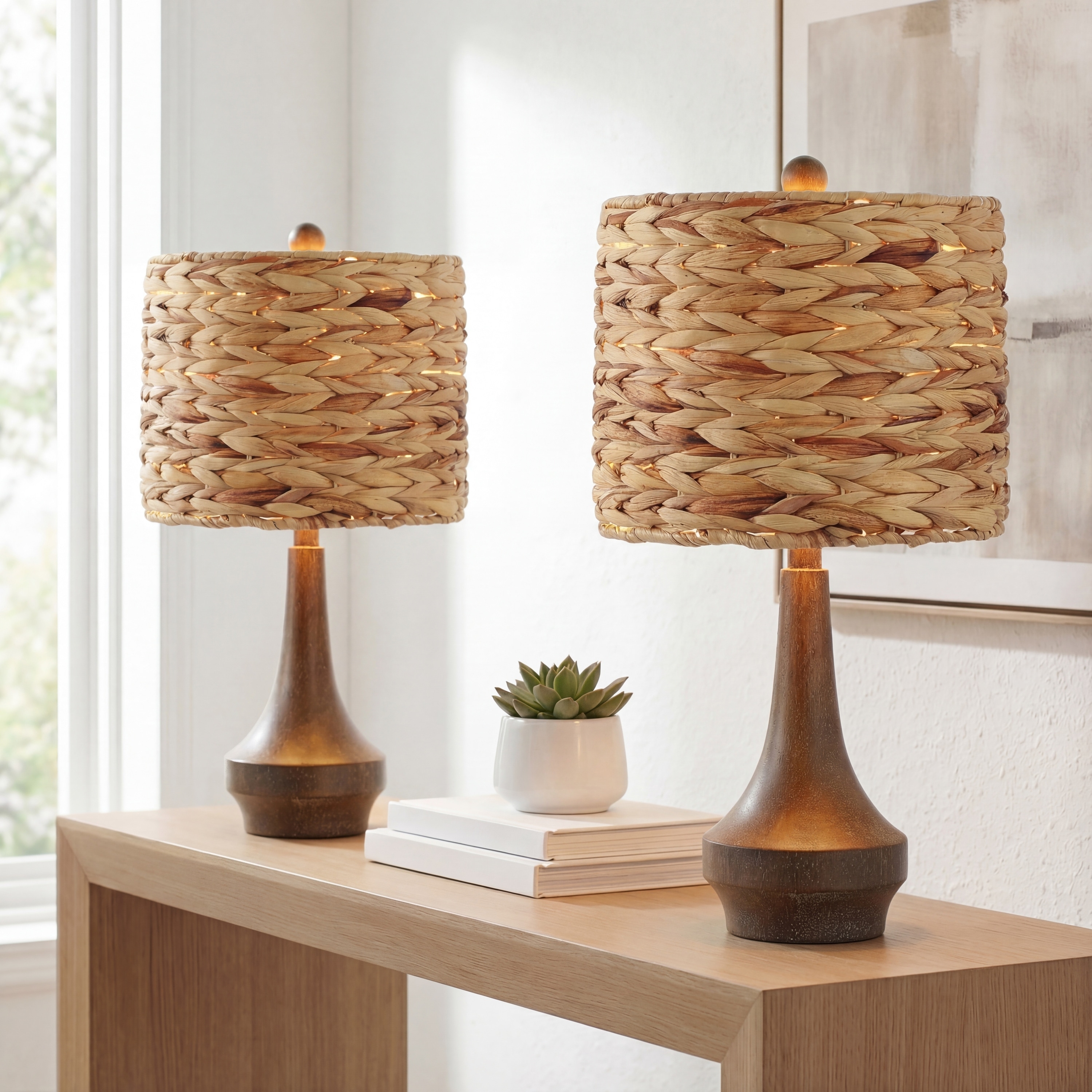 JONATHAN Y Leona 21" Rustic Farmhouse Handwoven Rattan/Resin LED Table Lamp, Brown Wood Finish (Set of 2)
