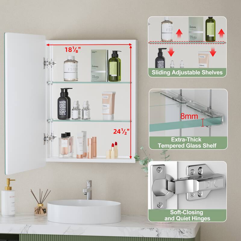 Mira Rectangular Frameless Medicine Cabinet with Mirror, Sliding Adjustable Glass Shelves, Reversible Door