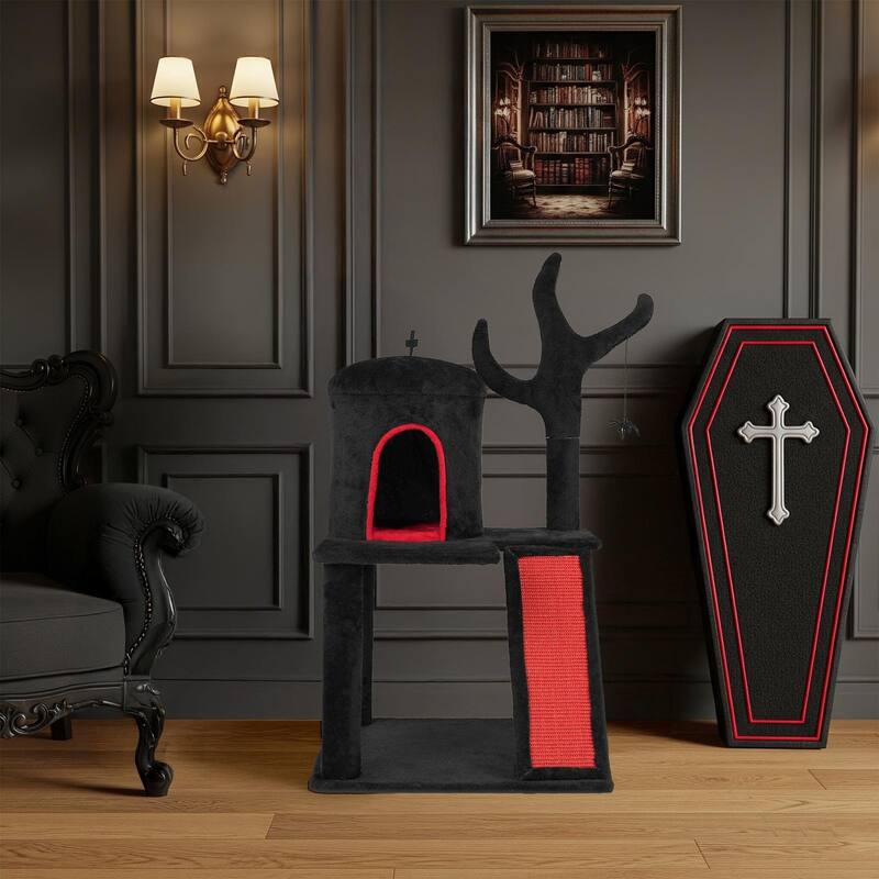 42" Gothic Cat Tree with Red Black Condo and Sisal Scratching Posts Ladder and Spider Toy