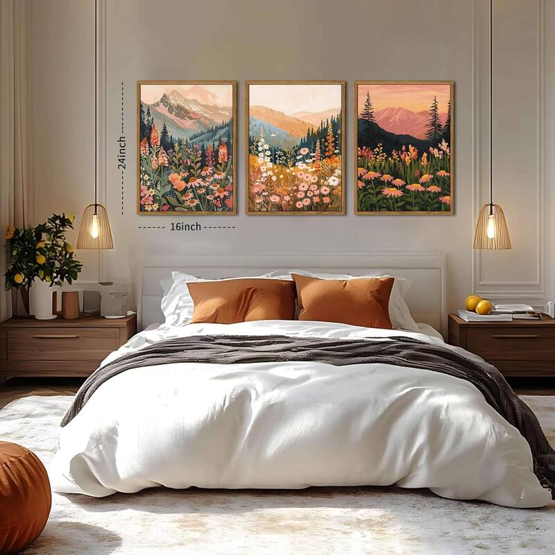 Colorful Mountain Wall Art Set of 3, Vintage Wildflower Landscape