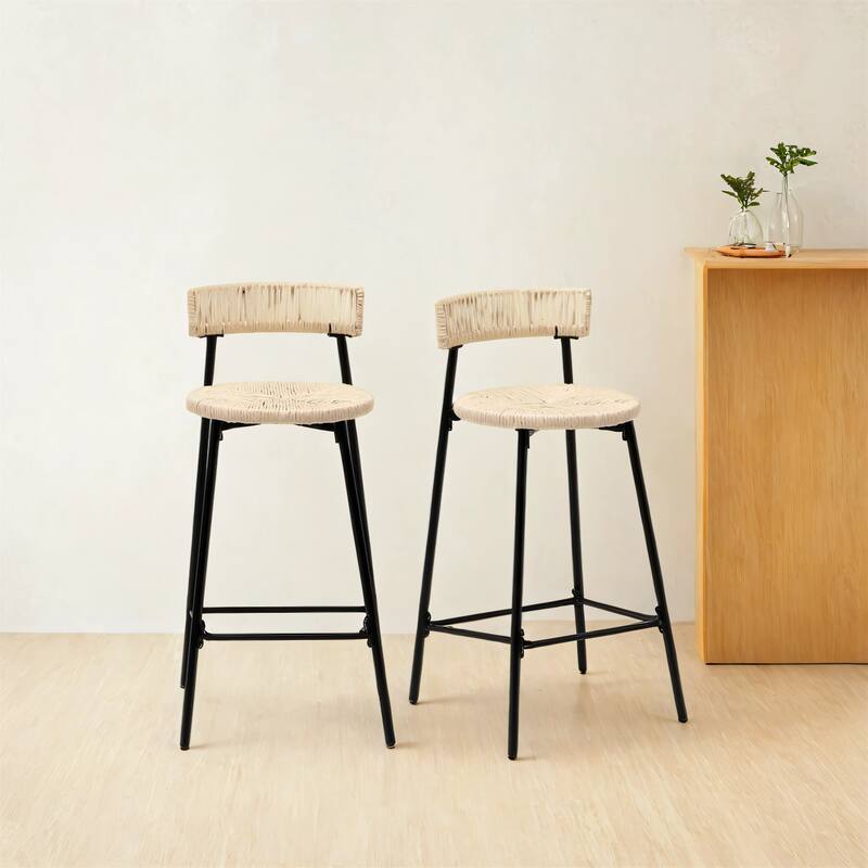 Set of 2 Counter Stools Handwoven Paper Rope Bar Stools Boho Round Dining Pub Chairs for Kitchen