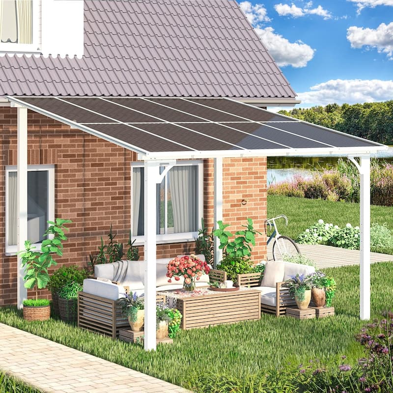 10X10Ft Outdoor Pergola Gazebo, Wall Mounted Lean to Awning Gazebo - White