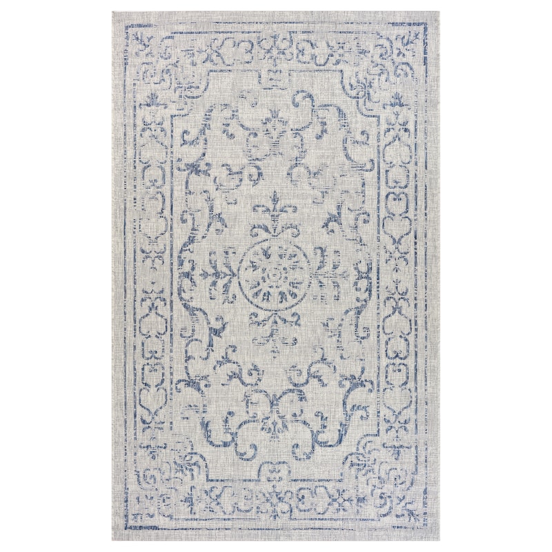 Sevita Sadie Traditional Medallion Navy/Gray Durable Performance Indoor/Outdoor Area Rug - 1'10" x 3'