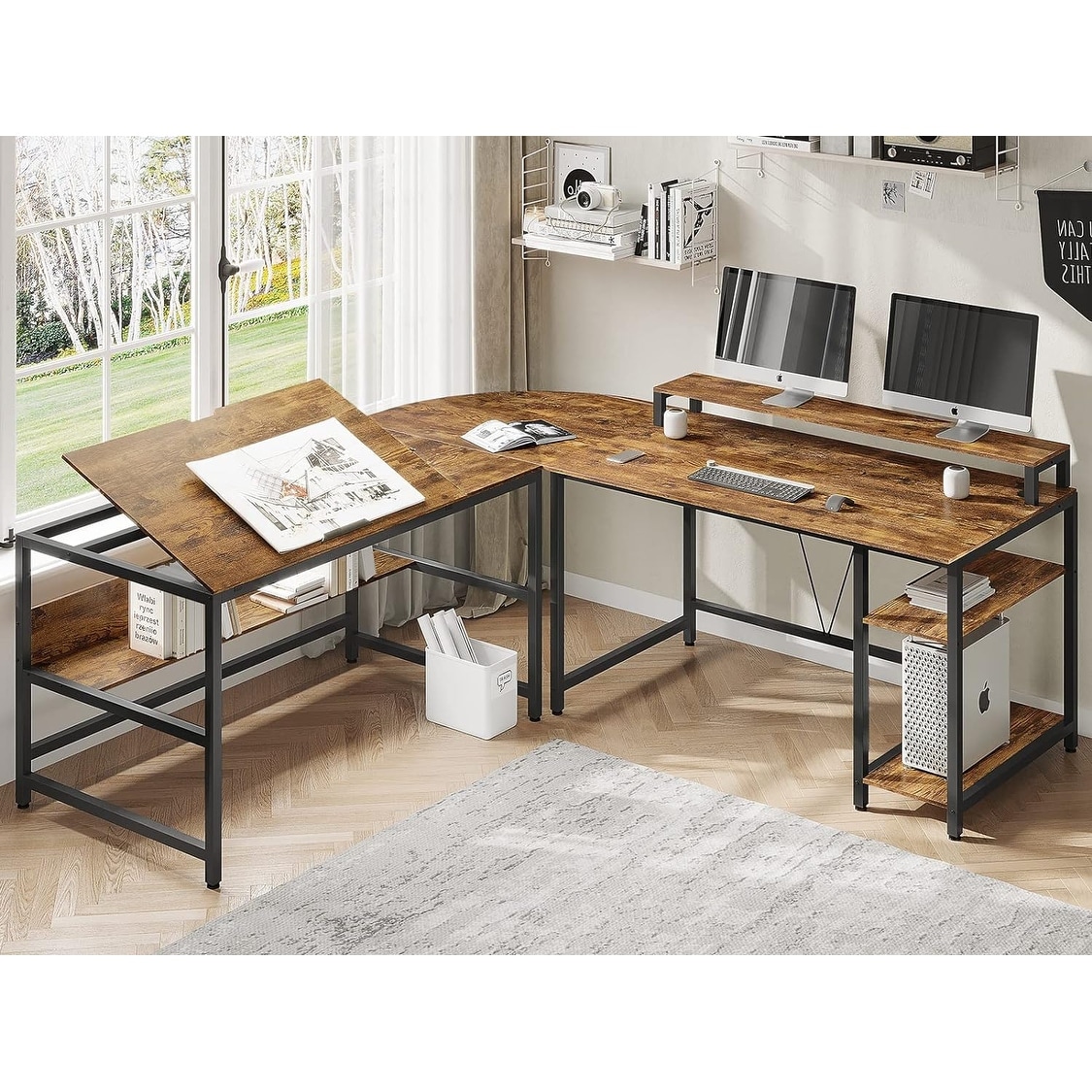L Shaped Corner Computer Desk Drafting Drawing Table