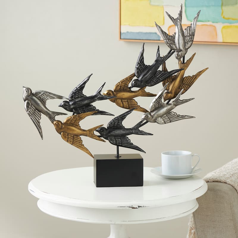 Metal Bird Metallic Flying Sculpture with Black Block Base - Black - Roche River Decor - 4"W x 20"L x 19"H