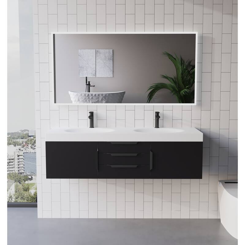 Thames 60" Shallow Basin Wall Mounted Bathroom Vanity Set w/ White Top