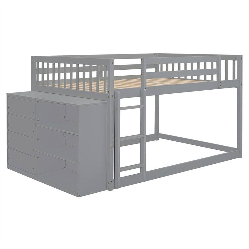 Twin Over Twin/Full Over Full Floor Bunk Bed with Drawers and 3 Storage Shelves, Solid Wood Low Bunk Bed Frame with Ladder