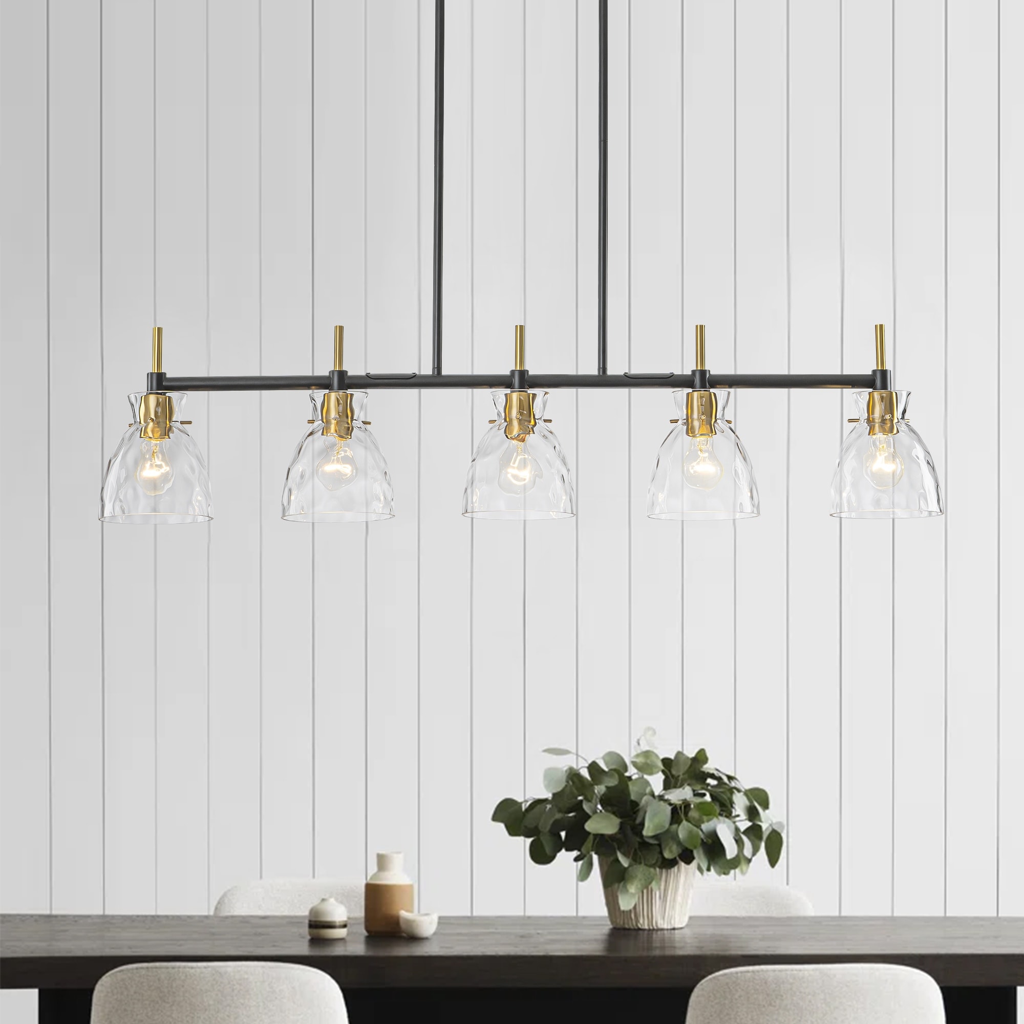 5-Light Modern Industrial Black & Gold Textured Glass Linear Pendant Light- Adjustable Hanging Ceiling Fixture for Dining Room,