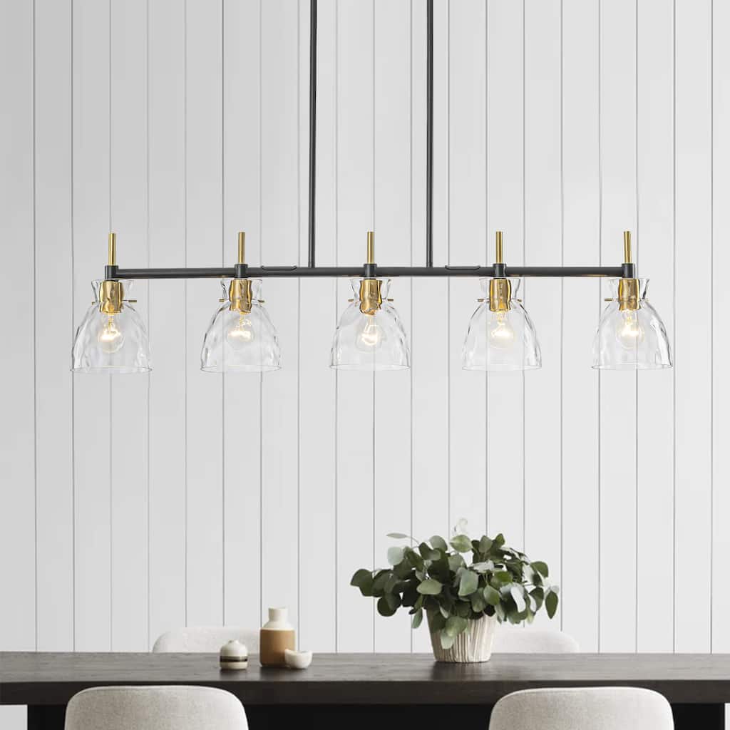 5-Light Modern Industrial Black & Gold Textured Glass Linear Pendant Light- Adjustable Hanging Ceiling Fixture for Dining Room,