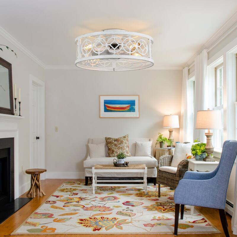 20" Flush Mount Caged Ceiling Fan with Light and Remote, Distressed White Metal 3-Speed Reversible Dc Motor