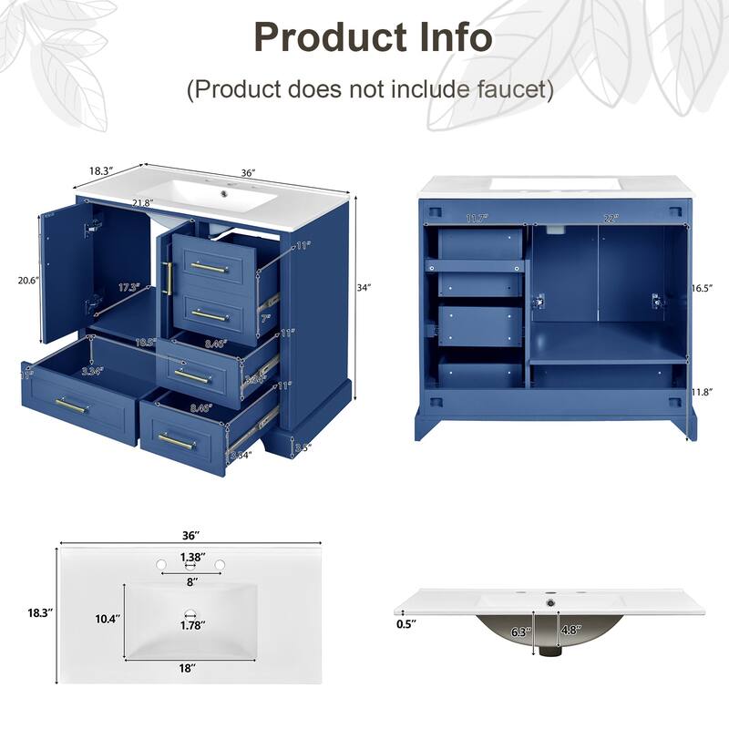 36" Traditional Bathroom Vanity with Ceramics Sink and 4 Drawers
