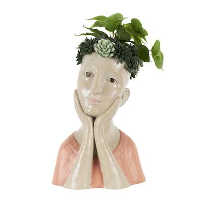 Resin Woman Bust Indoor Outdoor Planter with Succulent or Flower Crown and Orange or Blue Top - Beige - Roche River Decor