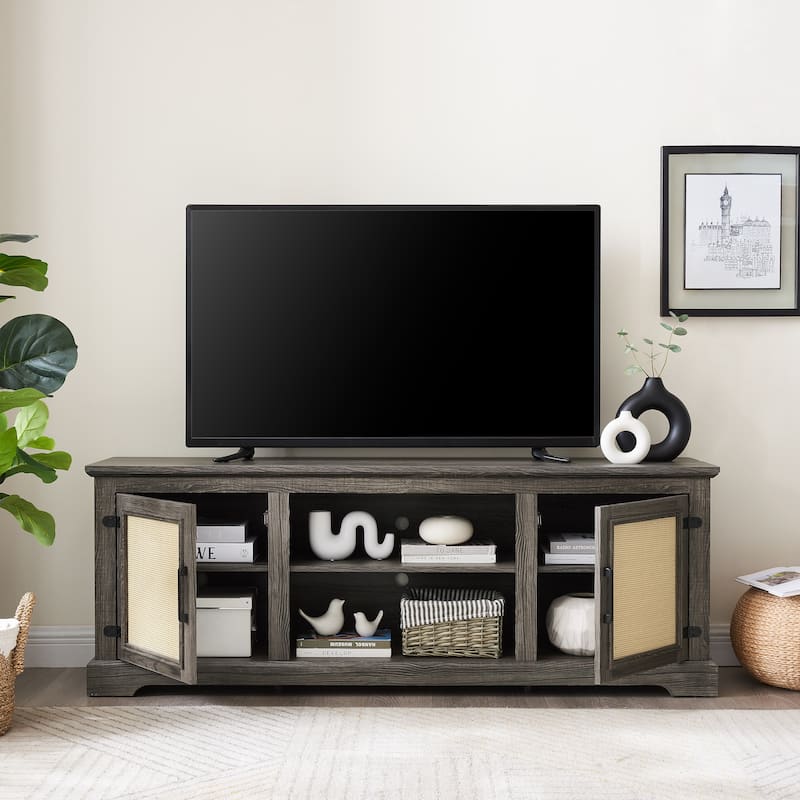 Antique Gray 65" TV Stand with Shelves & Rattan Doors for TVs Up to 70"