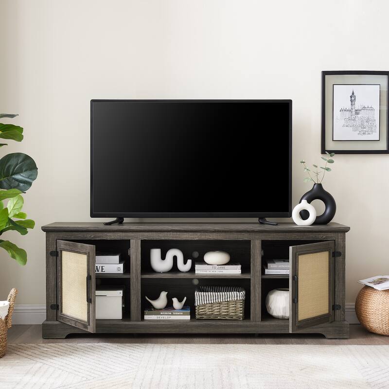 TV Stand for TVs up to 70" with Natural Rattan Doors, 2 Storage Cabinets, 3 Adjustable Shelves, Multifunctional Console Table