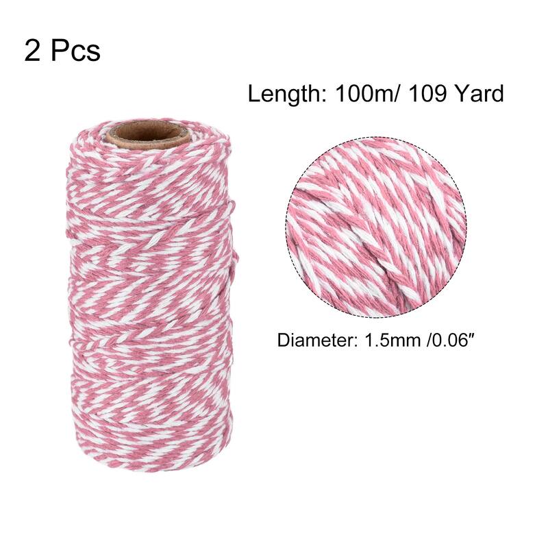 2x Twine Packing String Wrapping Cotton Twine Rope 100M for Christmas - Pink,White