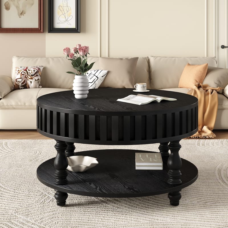 Fluted Coffee Table Black End Table Side Table with Storage, Rustic Center Table Sofa Table with Flip-Top Lids
