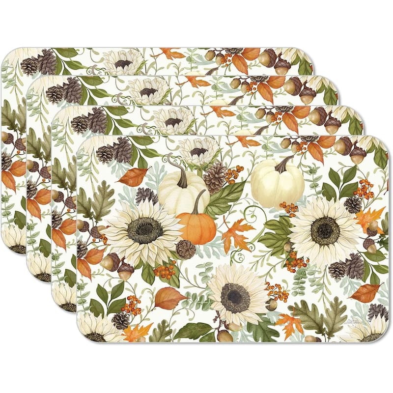 Farmhouse Fall 4 Pack Reversible Easy Care Flexible Plastic Placemats Made in The USA BPA Free PVC Free Easily Wipes Clean - Set of 4
