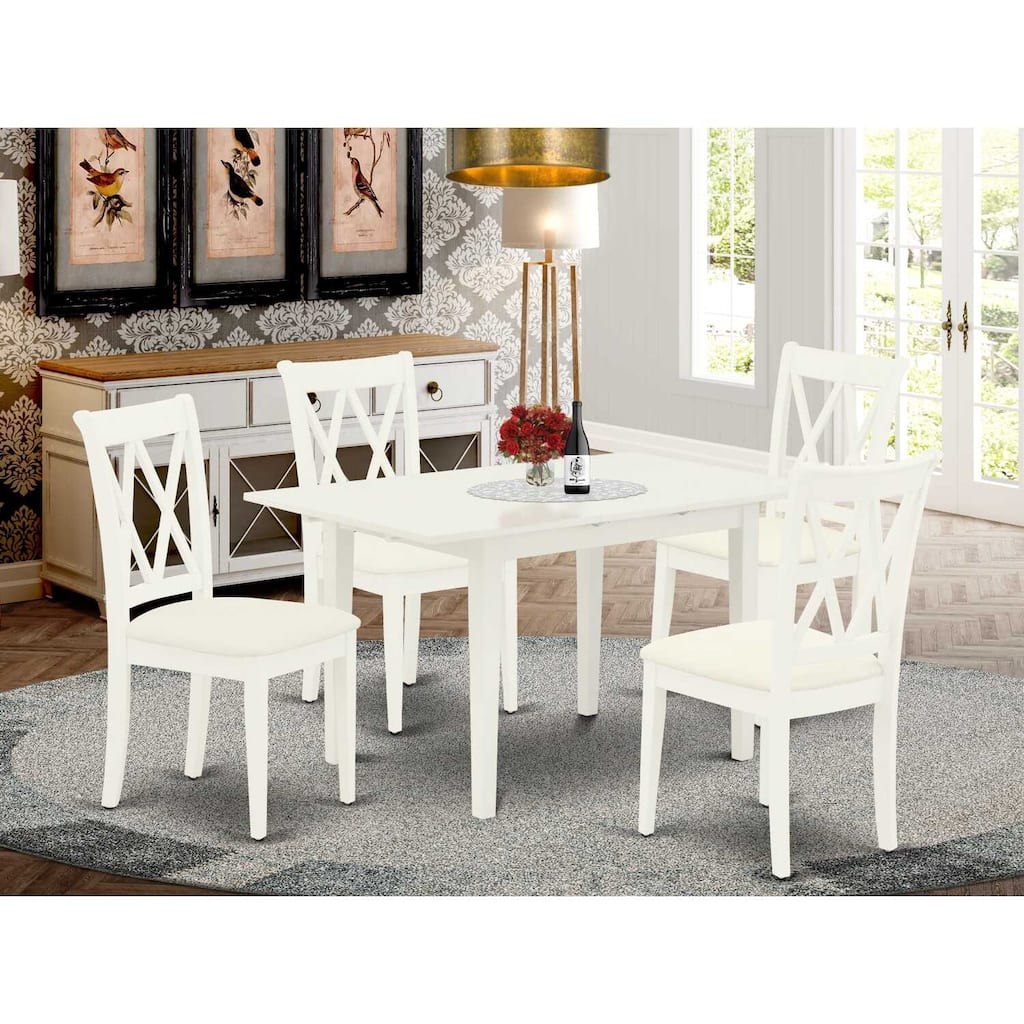 HomeStock 5-Pc Linen White Finish Solid Wood Top-Rectangular Dining Room Set with Butterfly Leaf-Seats 4