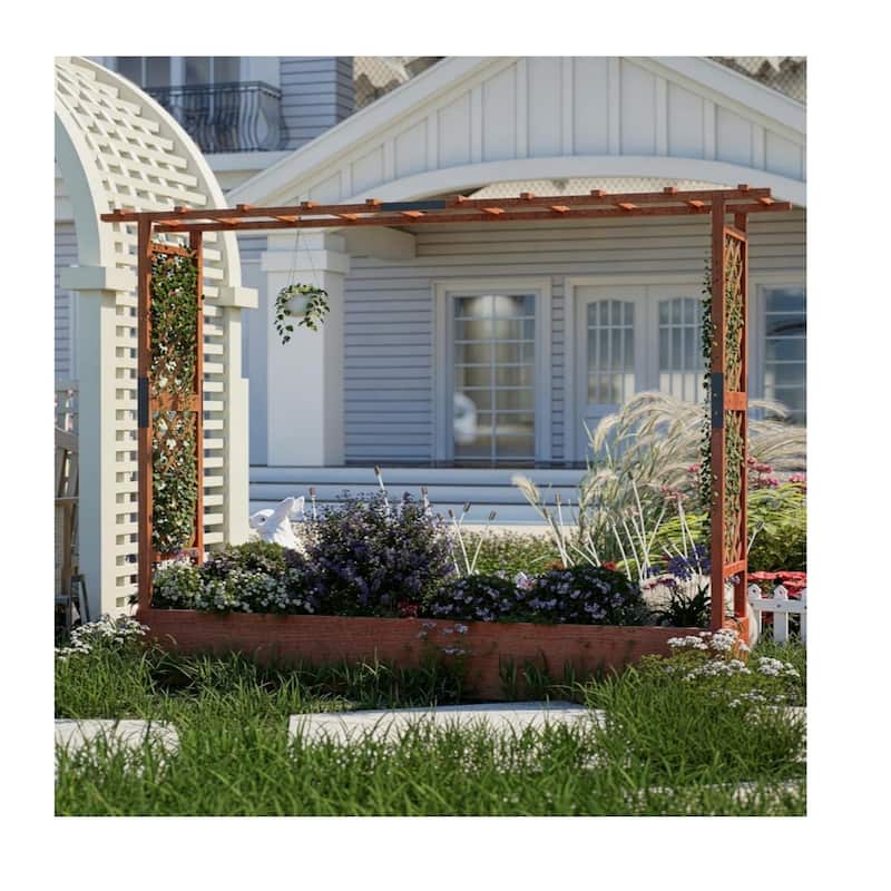 43x17x72Inch Elevated Wooden Garden Bed with Trellis and Hanging Roof Wood Planter Box 4 Drainage Holes