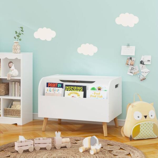 White Wooden Toy Box with Front Bookshelf and FlipTop Lid Bed Bath