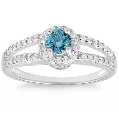 3/4ct Halo Split Shank Treated Blue Diamond Engagement Ring White Gold