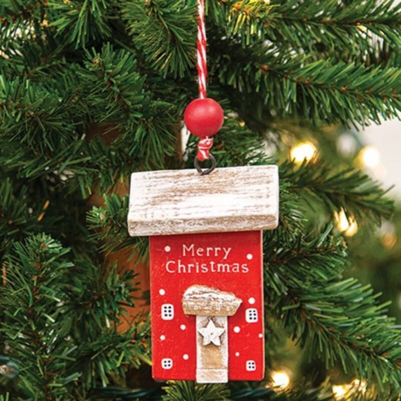 Red White Wooden Merry Christmas House Ornament with Layered Cutout 4x2.5 in - 2.50 x 1.50 x 4 in.