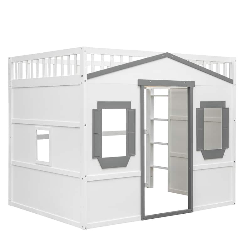White+Gray Full Size House Loft Bed with Ladder, Doors, Window