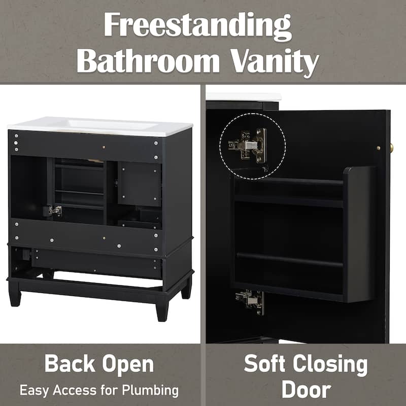 30 Inch Bathroom Vanity with Ceramic Sink, Freestanding Cabinet with 1 Door, Adjustable Shelf & 3 Drawers, Soft-Close Door