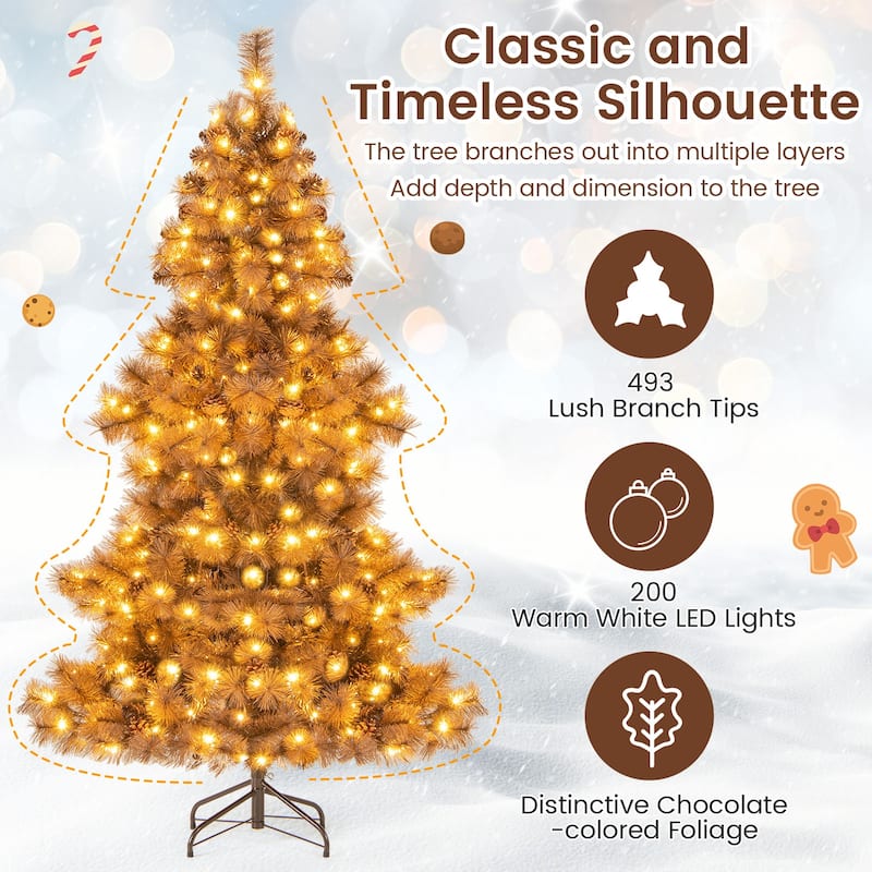 Gymax 6 FT Pre-Lit Artificial Christmas Tree Hinged Chocolate-Color
