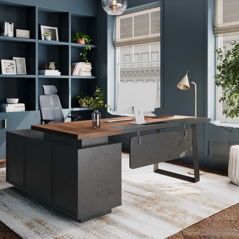 62.99" L-Shaped Executive Desk with Sliding Barn Door Storage Shelves Built-In USB Outlet
