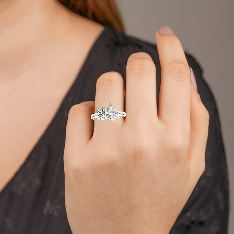 Marquee Almost 2.50 Carat TW Round And Pear Shape Lab Grown Diamond Ring in 14K White Gold