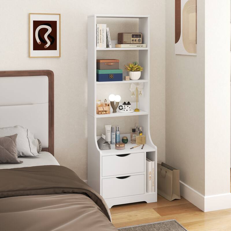 Compact Night Stand with Bookshelf and Storage Drawers for Bedroom