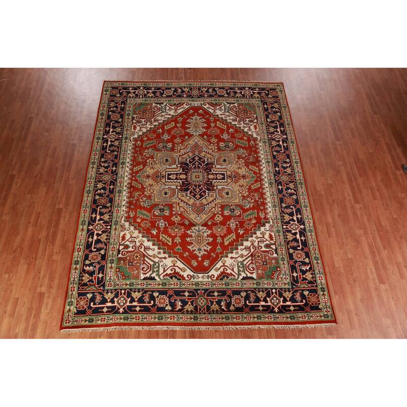 Geometric Medallion Heriz Serapi Area Rug Hand-Knotted Wool Carpet - 8'11"x 11'9"