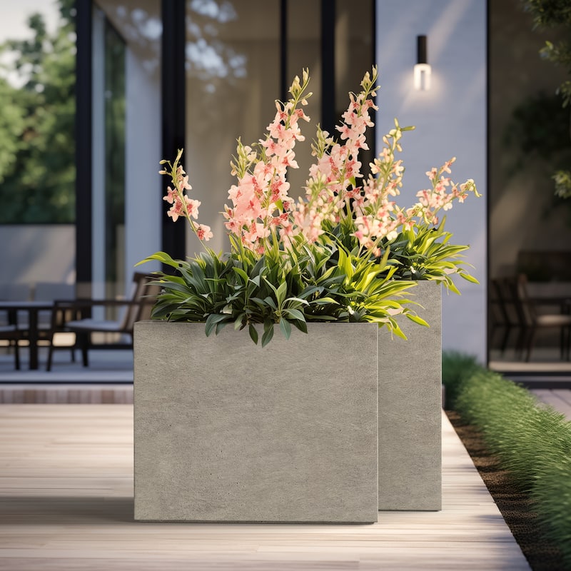 Tall Concrete Rectangle Plant Boxes / Large Indoor and Outdoor Flower Planters - 2 Piece Set (16, 24 Inch High) - Light Gray