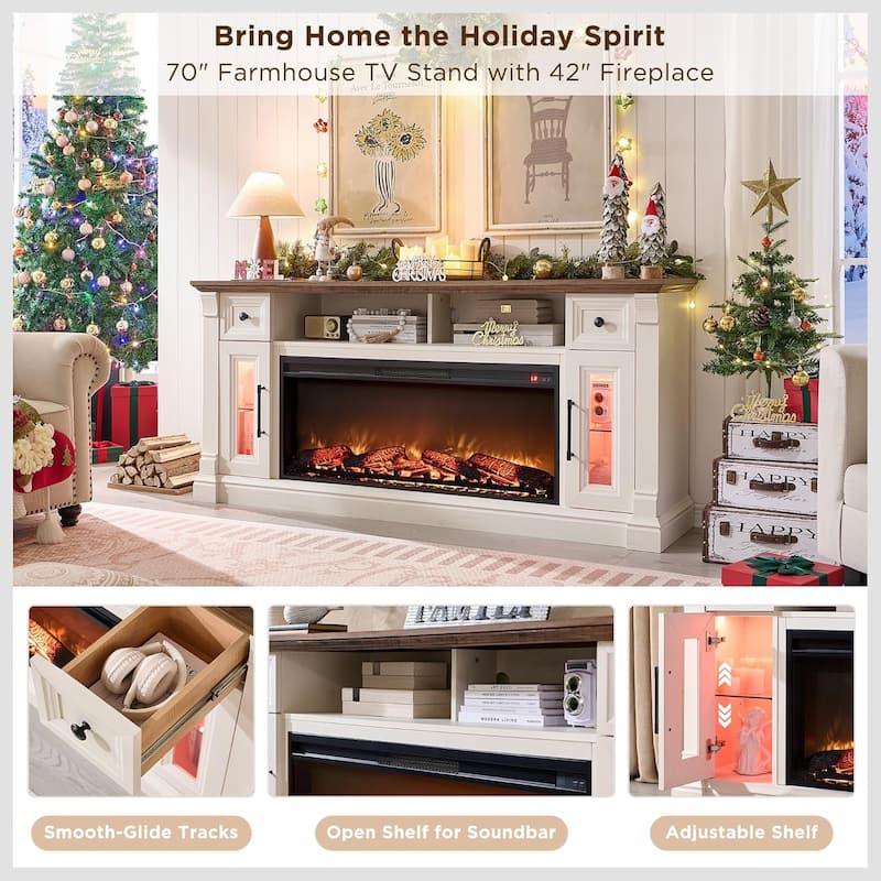 Farmhouse Fireplace TV Stand for 80 Inch TV, Entertainment Center